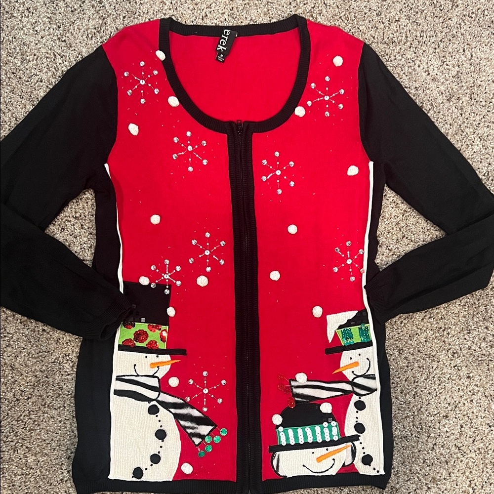 Berek Red and Black Snowman Holiday Cardigan Sweater size medium